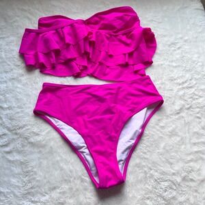 Hilinker Women Pink Ruffle One Shoulder Bikini High Waist 2 Piece Swimsuit M NEW